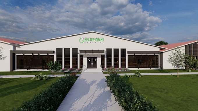 do church rendering, exterior rendering, 3d design, 3d model