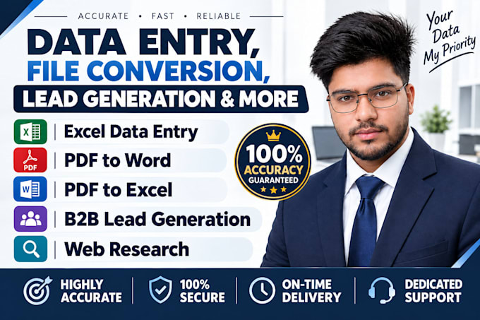 do data entry, PDF to word excel conversion, b2b lead generation, web reserearch