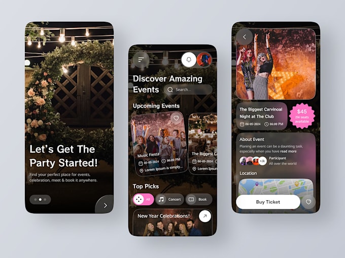 build event booking app, ticket booking app, conference app, live streaming app,