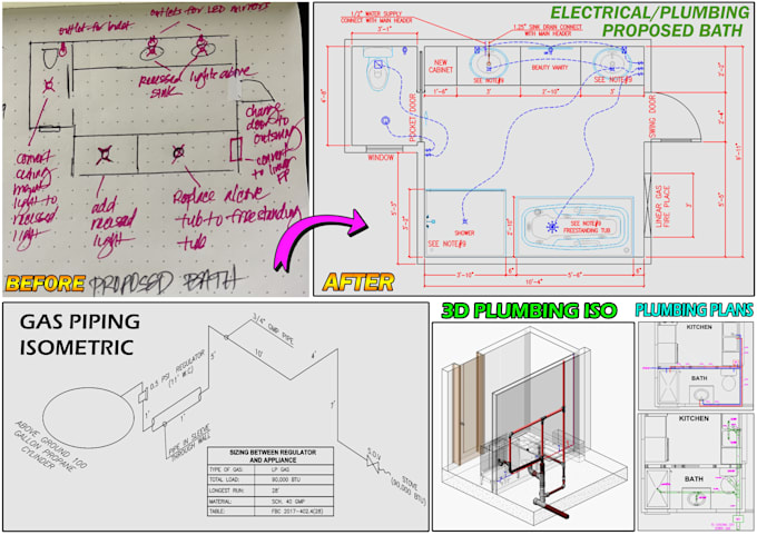 do mep, electrical and plumbing plan in autocad with material list