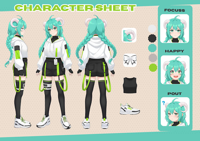 draw anime art character sheet or reference sheet design vtuber model