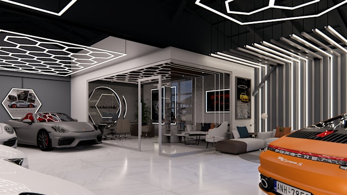 do interior design car showroom, waiting area ,3d render