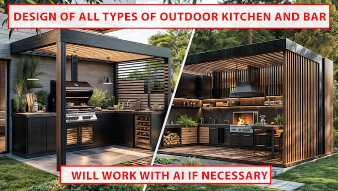 design and render a stunning 3d outdoor kitchen and bar with realism
