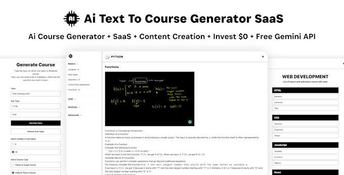 create ai courses text to course saas with video and image content gemini admin