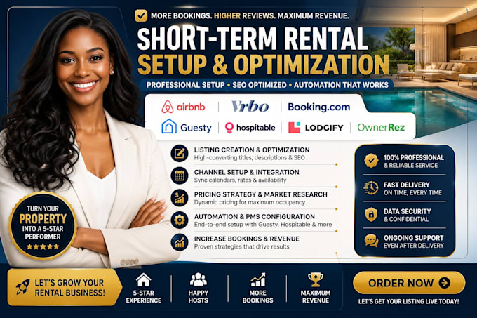set up and optimize airbnb, vrbo, bookingcom and guesty to increase bookings