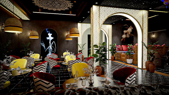 design hookah lounge, sheesha cafe 3d render design