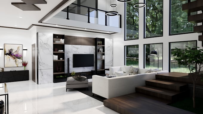 do living room interior design and 3d rendering