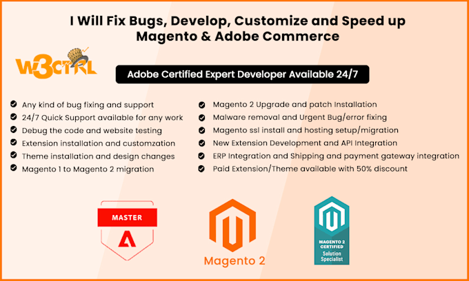 fix bugs, develop, customize and install the magento