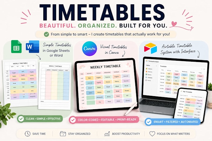 create pro timetable or schedule in airtable, canva or google sheets