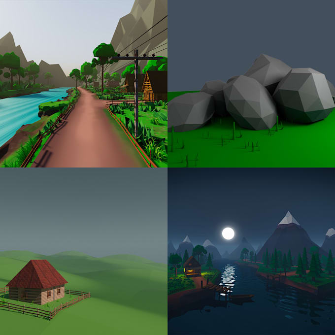 create low poly 3d assets, stylized, environment, render