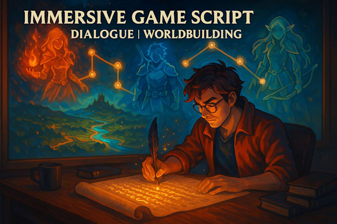 Write immersive game script character dialogue and worldbuilding by ...