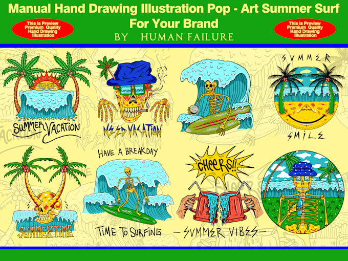 design illustration hand drawing pop art summer surf for your brand