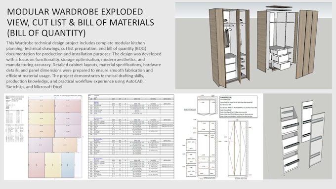 prepare production drawing, boq, bom, cut list for cabinet n furniture