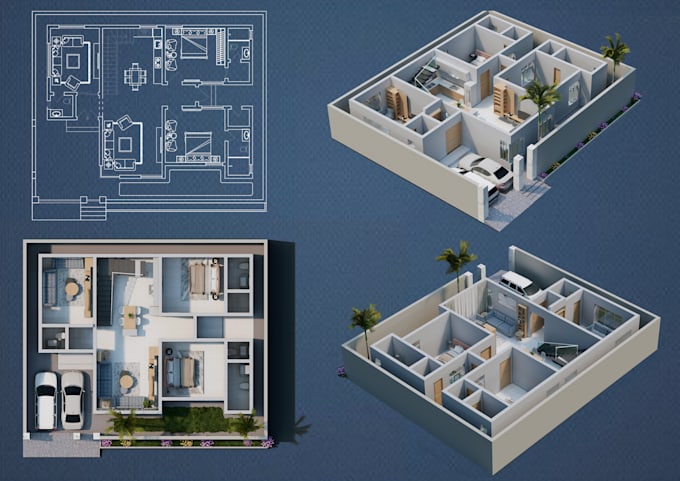 covert 2d floor plan into 3d floor plan with renders and walkthrough