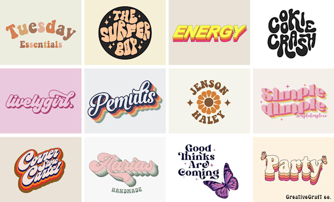 design custom 70s retro, psychedelic, hippie, typography logo and t shirt