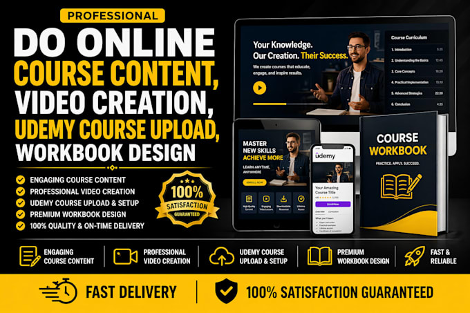 do online course content, video creation, udemy course upload, workbook design