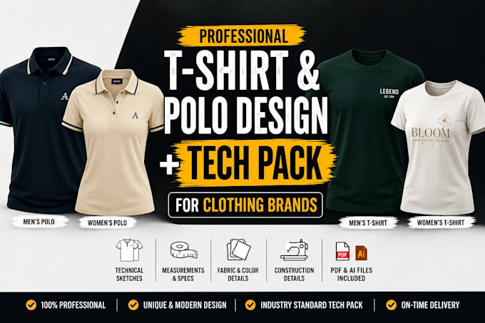 do t shirt and polo shirt design and techpack for clothing business