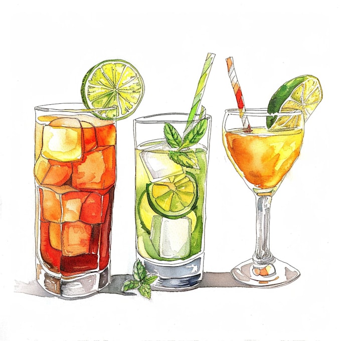 draw a watercolor drinks and menu illustration