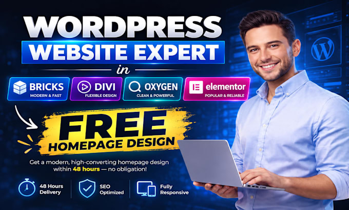 design wordpress website using divi, elementor, bricks, and oxygen builder