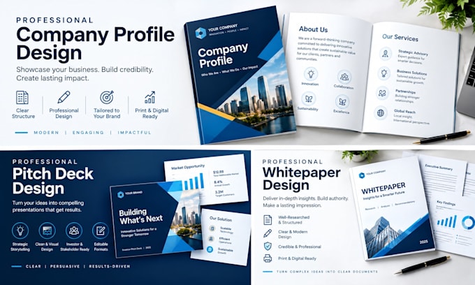 design a professional company profile, pitch deck, and whitepaper