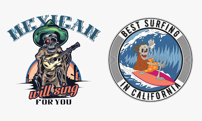 make music, skull, skeleton, surfing logo with illustration