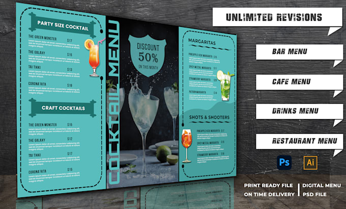 design menu for bar, cafe, drinks, hotel or restaurant