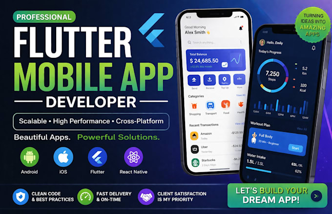 develop custom flutter app, android app, ios app with admin panel