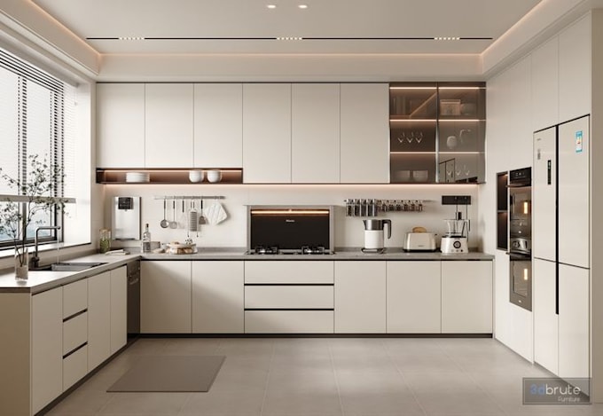 kitchen, living room design and 3d rendering