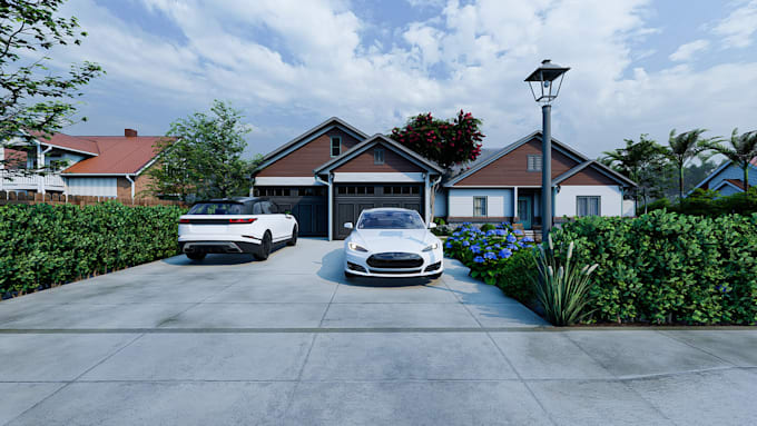 do building exterior, 3d, realistic render, pool render, pickleball court