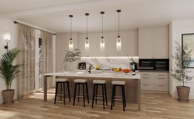 design your kitchen ,  model and provide you with realistic 3d render