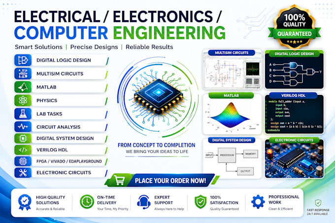 do digital logic design dld,matlab,physics, mulitsim designs,electronic circuits