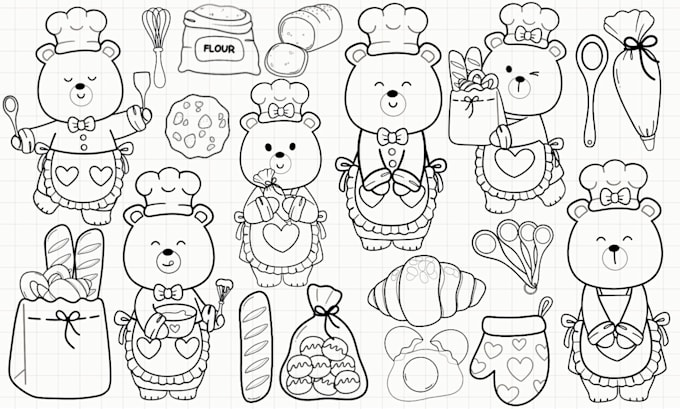 draw cute black line art characters and items