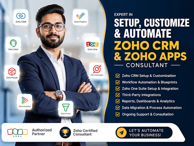 setup, customize and automate zoho CRM, zoho all apps and consultant