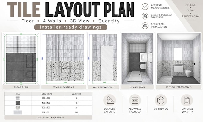 l create a professional tile layout plan for floors and bathroom walls