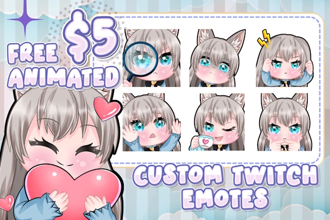 draw cute chibi twitch emotes and sub budges for vtuber