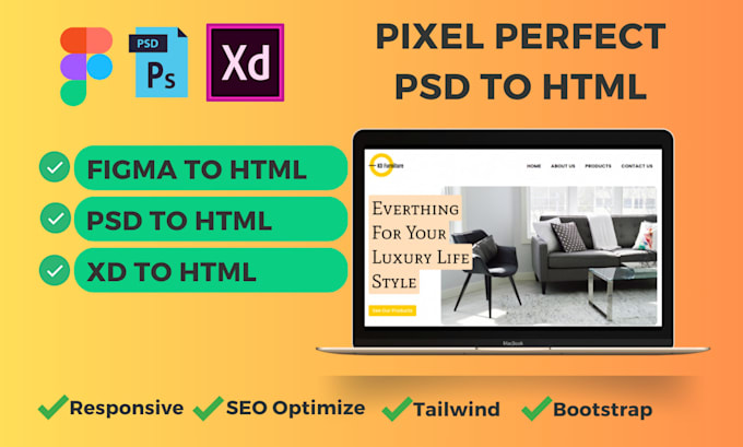 convert figma to HTML, xd, PSD to HTML using tailwind CSS or bootstrap