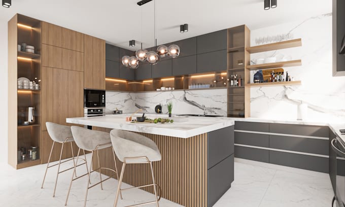 create modern and functional kitchen with realistic 3d renders