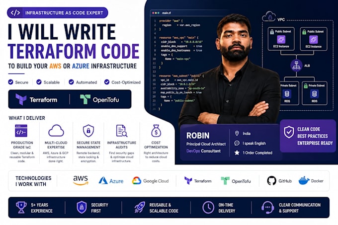 write terraform code to build your AWS or azure infrastructure