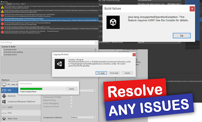 resolve unity build errors, crashes, ads errors, bug fixes in unity game