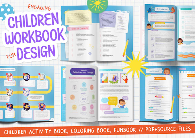 design fun children workbook, activity book, print ready PDF