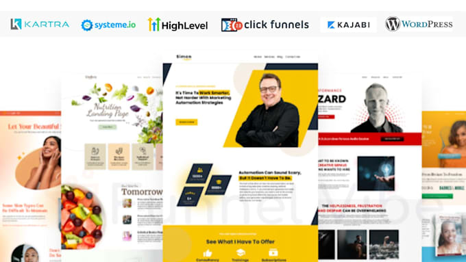 design clickfunnels, gohighlevel sales funnel, kajabi website, systeme io expert
