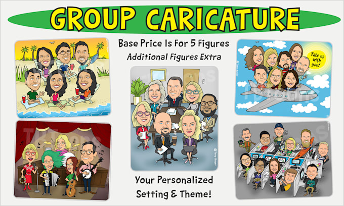 draw a group caricature with custom background