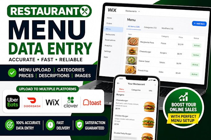 do restaurant menu data entry to ubereats, doordash, and wix