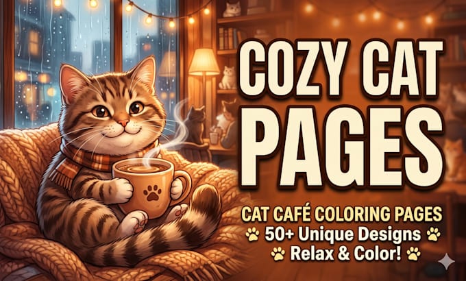 create cozy cat café coloring pages for KDP and etsy