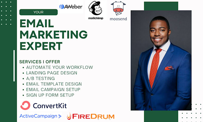 setup, work on aweber, mailchimp, activecampaign, firedrum, convertkit, moosend
