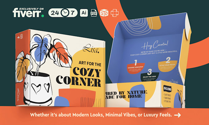 do product packaging design, mailer box, box design, subscription box with 3d