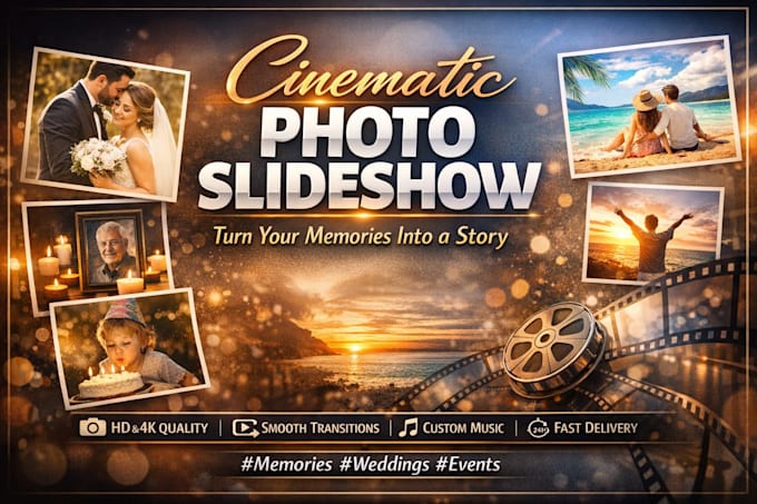 create cinematic photo slideshow video for memories, events and promos