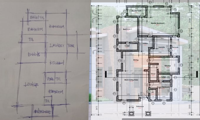 redraw 2d plan convert brief image PDF sketch to blueprint architectural drawing