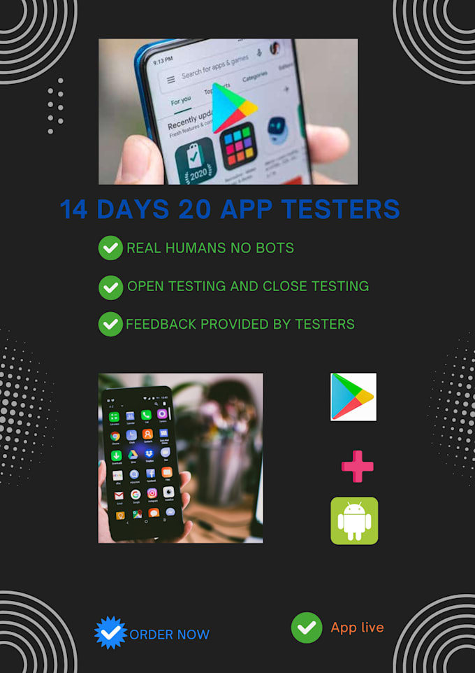 provide 20 real human app testers for 14 days