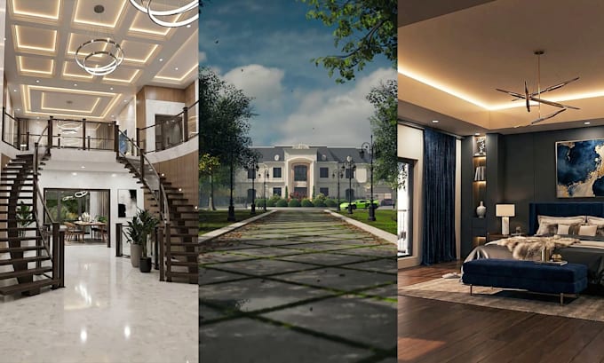 create photoreal architectural render for exterior interior